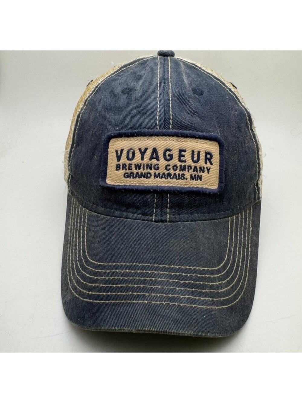 Legacy Voyageur Brewing Co. Trucker Hat Grand Marais MN Navy Blue Tan Mesh Cap